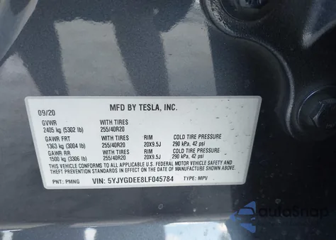 2020 Tesla Model Y Long Range Dual Motor All-Wheel Drive z USA, uszkodzony, nr VIN 5YJYGDEE8LF045784